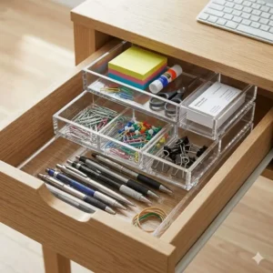 Versatile stacking trays for office drawer organization to hold pens, clips, and stationery items.