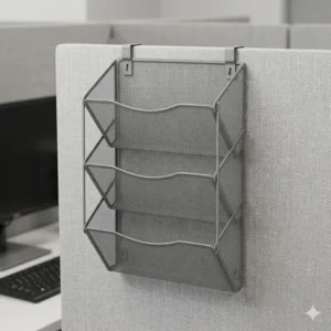 Grey hanging paper tray hooked over a fabric cubicle wall to save desk workspace.