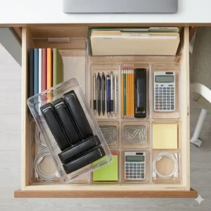 Stackable clear bins used as a deep drawer organizer office solution to maximize vertical storage.