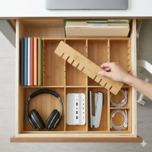 Adjustable wooden dividers inside a deep drawer organizer office for separating bulky equipment.