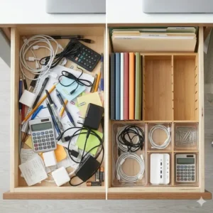 Before and after comparison of a messy workspace transformed by a deep drawer organizer office system.