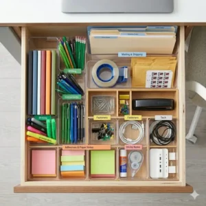 Color-coded supply zones within a deep drawer organizer office layout for better efficiency.