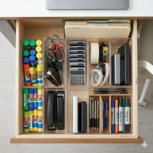 Extra-tall acrylic bins as a deep drawer organizer office insert for glue sticks and scissors.