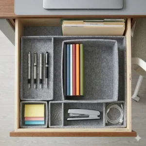 Modern minimalist grey felt deep drawer organizer office insert for a sleek desk aesthetic.