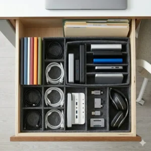 Dedicated deep drawer organizer office configuration for managing tech cables and power banks.