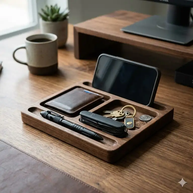 A premium edc desk organizer holding a pocket knife, tactical pen, and smartphone on a walnut wood surface.