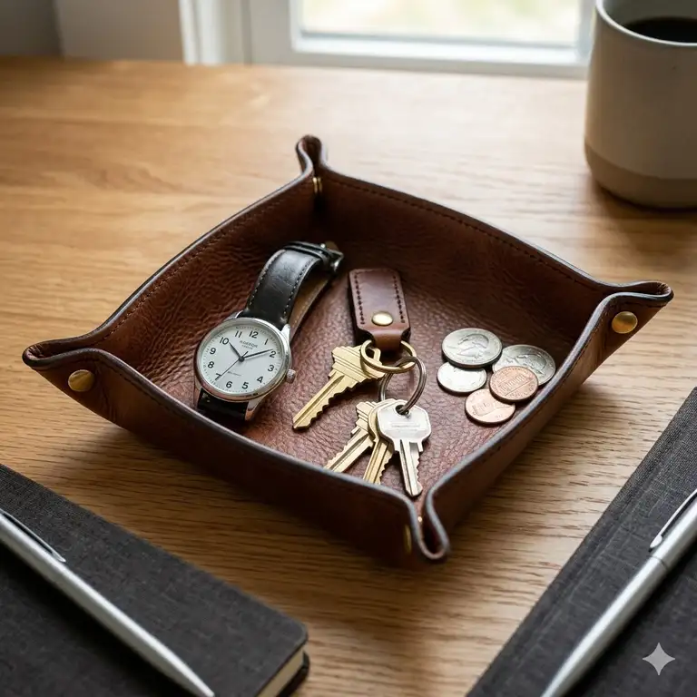 A premium brown leather catch all tray holding a watch, keys, and coins on a modern wooden desk.