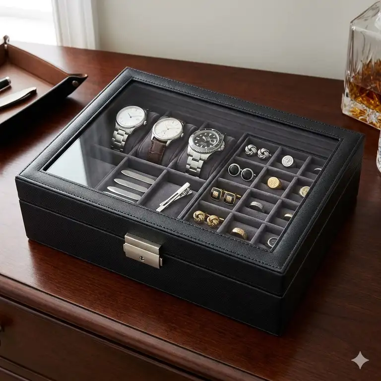 A luxury black leather male jewelry box with a glass lid displaying watches and cufflinks on a mahogany dresser.