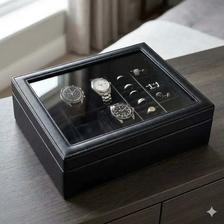 Luxury black leather mens jewellery and watch box with a glass lid and velvet lining.