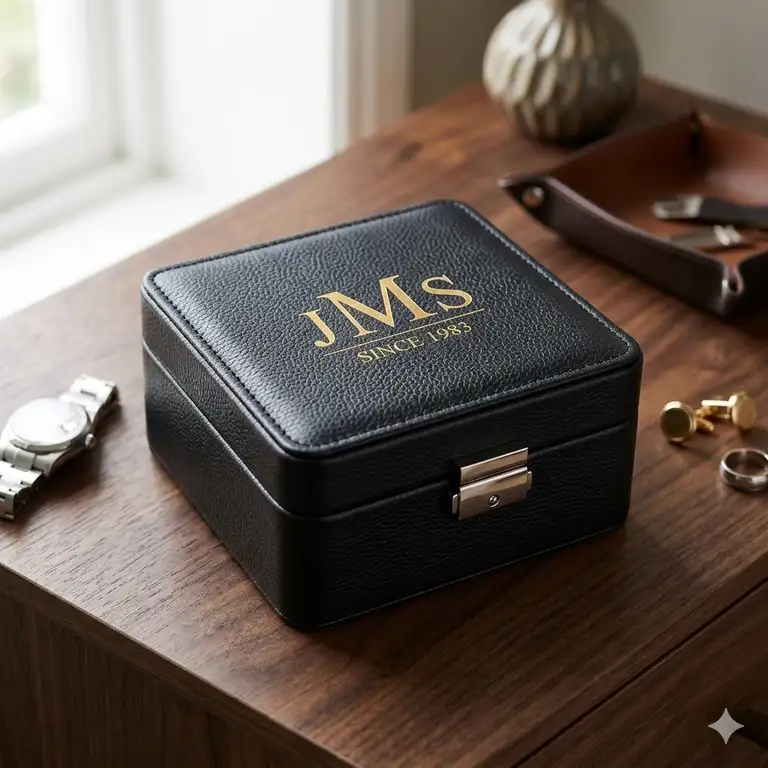 A luxury leather personalised mens jewellery box with a custom monogram engraved on the lid, styled on a wooden dresser.