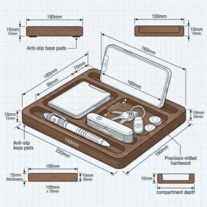 Technical illustration showing the specific measurements and compartment sizes of a compact edc desk organizer.