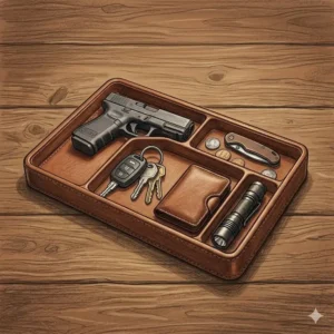 Top-down illustration of an edc gun tray organizing everyday carry essentials like keys and a wallet.