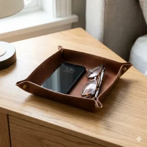 Minimalist leather catch all on a bedside table containing a smartphone and glasses.
