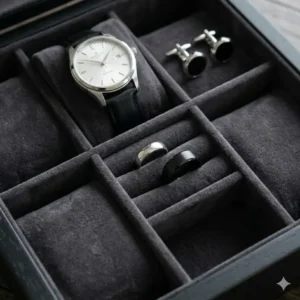Interior view of a black mens jewelry box showing velvet-lined compartments for cufflinks and rings.