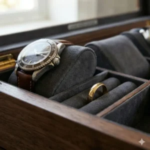 Close-up view of the soft velvet pillows inside a mens watch jewelry box designed to prevent scratches.