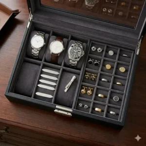 Interior view of a male jewelry box showing dedicated compartments for rings, bracelets, and collar stays.