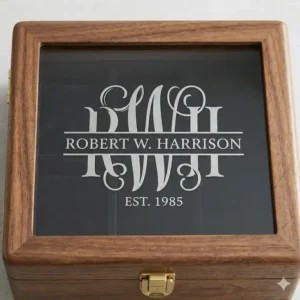 Interior view of an open mens engraved jewelry box showing plush velvet lining and organized compartments.
