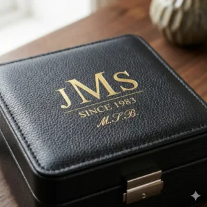 Close-up of a personalised mens jewellery box showing detailed gold foil initials embossed on black pebble grain leather.