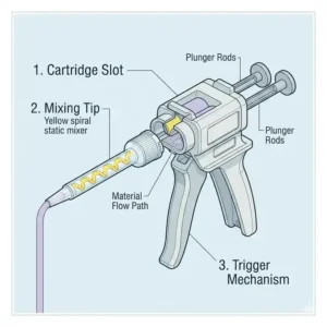 An illustrated diagram labeling the trigger, cartridge slot, and mixing tip of a standard tray gun.