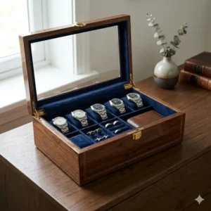 Interior view of a mens storage box featuring velvet pillows for luxury watches.