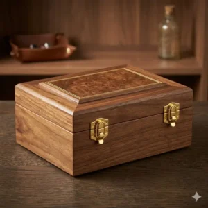 Handcrafted walnut wood mens jewellery and watch box featuring gold-plated hardware.