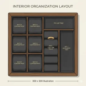 Overhead illustration showing the various compartments of a mens watch jewelry box for rings, watches, and accessories.