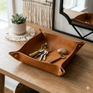 Personalized tan leather catch all used as a key tray on an entryway console table.