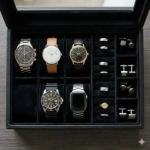 Open view of a multi-slot mens jewellery and watch box showing watch cushions and ring rolls.