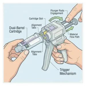 Step-by-step illustration showing how to properly insert a dual-barrel material cartridge into a tray gun.