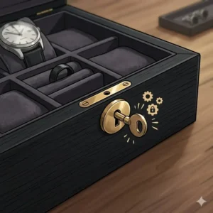 Close-up of a secure locking mechanism on a professional black mens jewelry box.