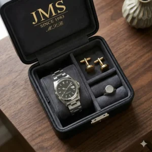 Open personalised mens jewellery box with dedicated compartments for watches, cufflinks, and rings.