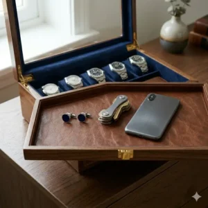 An open leather mens storage box used as a valet tray for keys, wallet, and phone.