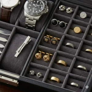 A wooden male jewelry box featuring velvet-lined slots for oversized watches and a tray for silver cufflinks.