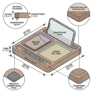 Detailed illustration highlighting the durable grain and finish of a solid wood edc desk organizer tray.