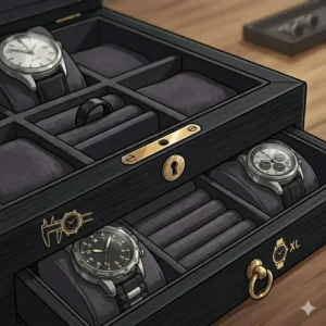 A black mens jewelry box featuring dedicated watch pillows and extra-wide slots for timepieces.
