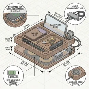 An illustration of an edc desk organizer featuring a dedicated slot for a charging cable and smartwatch dock.
