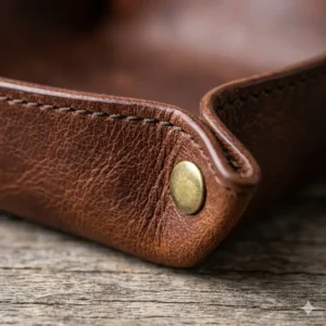 Close-up of a handmade leather catch all showing durable grain texture and antique brass snaps.