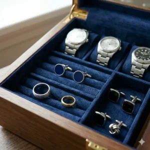 Close-up of a mens storage box compartment holding silver cufflinks and rings.