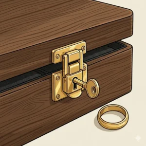Detail shot of the metal lock and key feature on a leather mens watch jewelry box for added security.