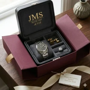 A personalised mens jewellery box presented in a premium gift box, ideal for Father's Day or anniversary gifts.