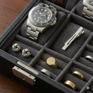 A compact, zip-around male jewelry box designed for travel shown tucked into a leather weekend bag.