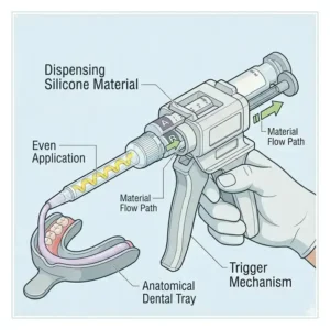 Illustration of a tray gun dispensing silicone-based impression material evenly into a dental tray.
