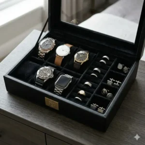 Close-up of a two-tier mens jewellery and watch box with a slide-out valet drawer.