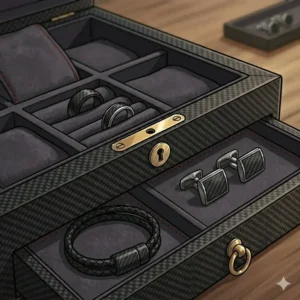 Detail shot of a modern black mens jewelry box with a carbon fiber finish and red stitching.
