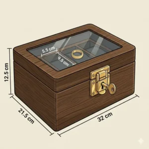 Digital illustration showing the height, width, and depth measurements of a standard mens watch jewelry box.