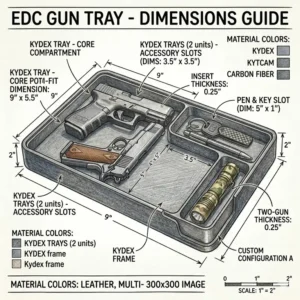 Technical illustration showing the specific dimensions and compartment sizes of an edc gun tray.