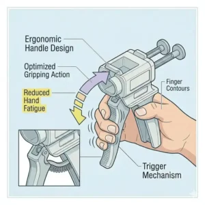 Close-up illustration highlighting the ergonomic handle design of a tray gun for comfortable long-term use.