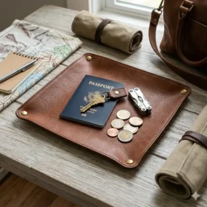 A collapsible leather catch all unsnapped and lying flat next to a passport and travel gear.