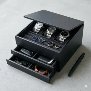 A sleek matte black mens storage box with a minimalist design on a modern office desk.