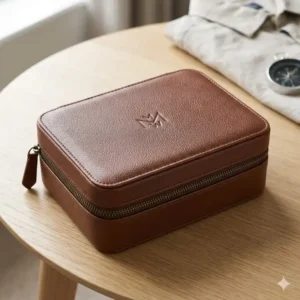 Compact travel-sized mens jewellery and watch box made from premium brown vegan leather.